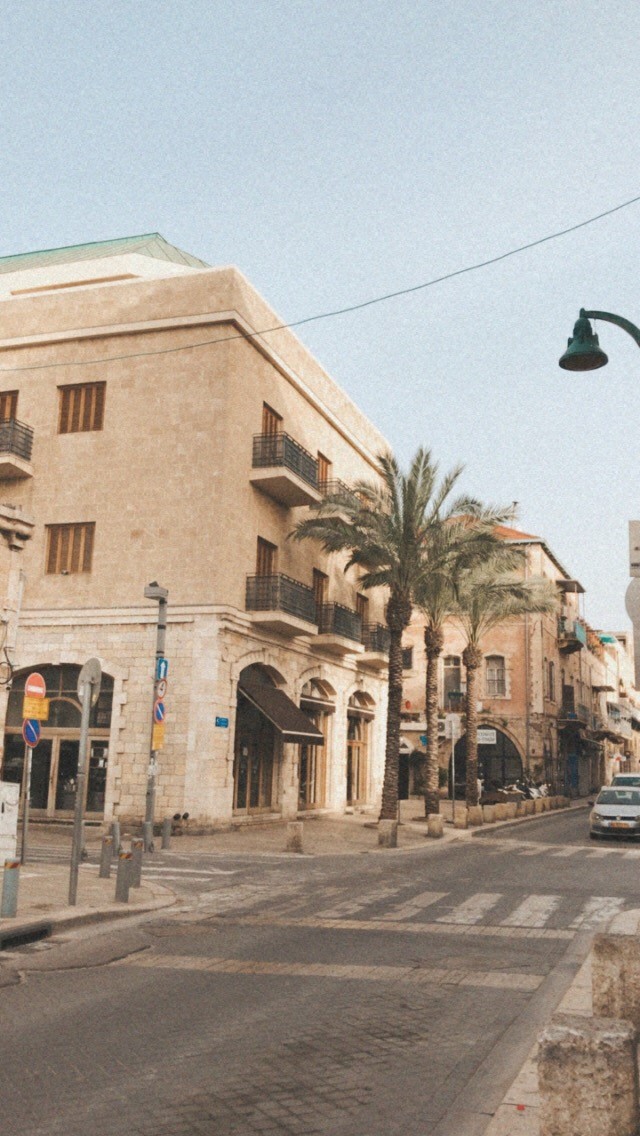 lege straat in Jaffa met palmboom midden in beeld